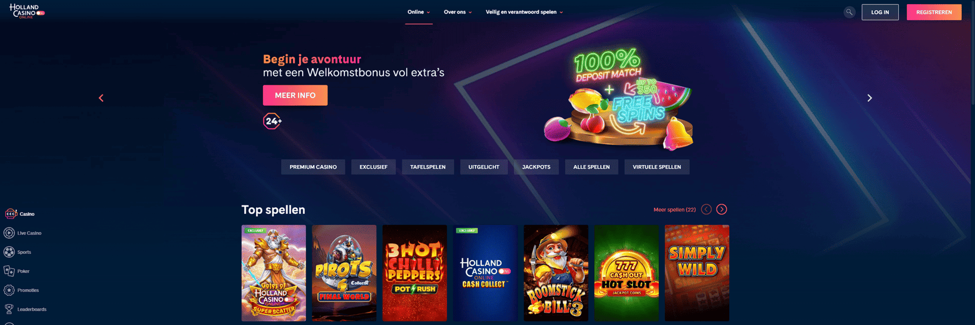 Screenshot van de Holland Casino-website